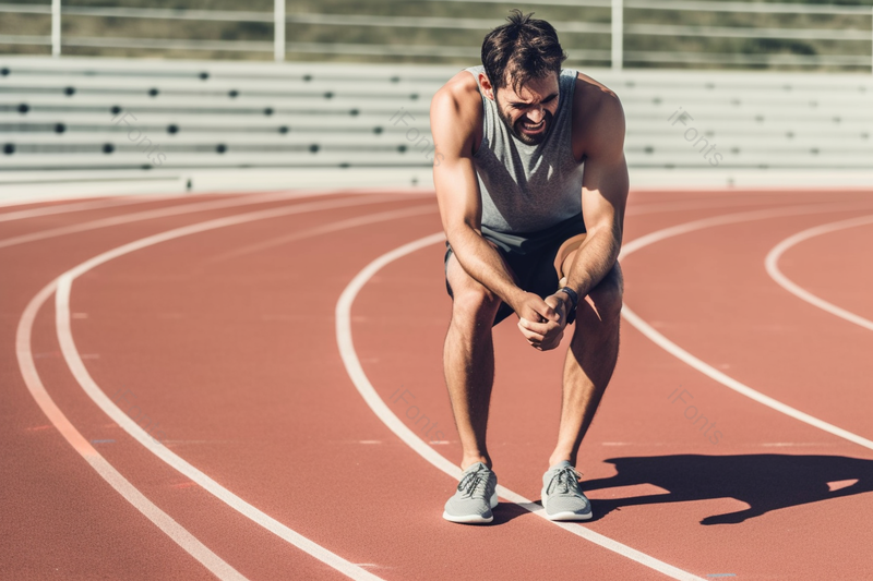 站立在跑道上的腿部受伤的年轻跑步者实拍摄影图,高清,摄影图,摄影图片,图片大全,摄影图免费下载